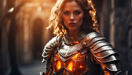 a female orange theme knight warrior on medieval era with glowing armor from Generative AI - obrazy, fototapety, plakaty
