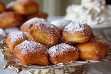 Beignets sprinkled with powdered sugar arranged on a plate in vintage style