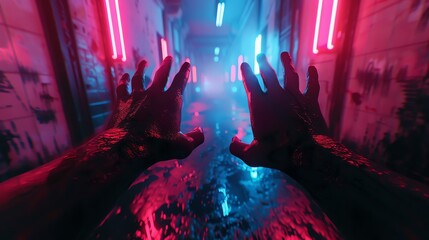 Fototapeta premium Incorporate worms-eye view perspective, showcase futuristic technologies in a spine-chilling manner, and experiment with unexpected camera angles Dive into the darkness, showcasing a VR horror scene t