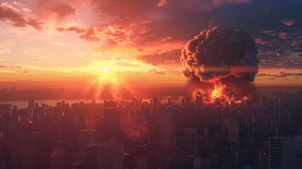 a boom nuclear exploding on city landscape at war