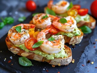 Bruschettas with cherry tomatoes, avocado cream cheese, and shrimps! It's a delicious starter dish, bursting with fresh flavors and vibrant colors. Let's enjoy this tasty food composition together 