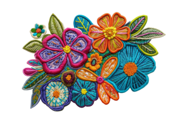 Colorful floral embroidered patch with various flowers and leaves. Embroidered sticker isolated on transparent background. Botanical and nature concept for design and print
