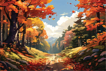 Obraz na płótnie Canvas Road through a maple forest. Vector Illustration. An autumnal wonderland in the jungle. Beautiful view of the autumn forest in the morning. Maple forest landscape Illustration. 