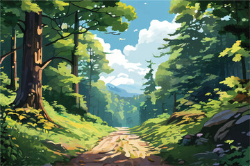  A road through Forest. Vector illustration. Nature landscape. Forest landscape illustration. Road through a forest with beautiful sky.
