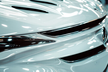 Glossy white car emblem with a dynamic, three-dimensional look