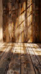 Sunlight streams through an unseen window, casting vivid shadows on the natural wooden wall and flooring, creating a dynamic and textured scene.
