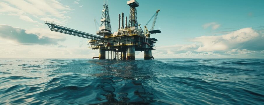 An offshore oil platform stands in an open sea signifying the exploration and extraction of natural resources.