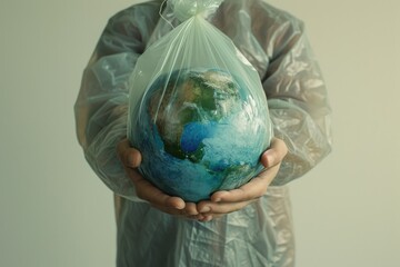 The picture of the person that has been holding the earth globe that come with the plastic bag that can stand for multiple meaning like protect the earth or keep the earth from plastic bag. AIGX01.