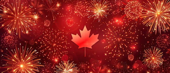 Vibrant fireworks surrounding Canadian maple leaf for national celebration.