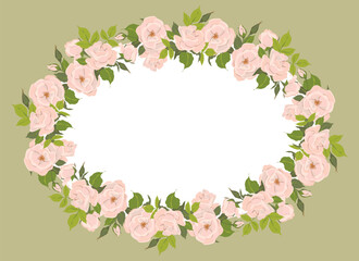 Romantic floral oval frame, elegant pastel pink flowers, buds and green leaves. A wreath of summer flowers for a wedding invitation in Provence style. Vector flat illustration.