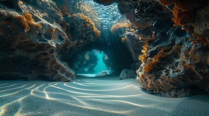 Swirling patterns of sand and rocks at the entrance of an underwater cave, hinting at the secrets that lie within ,close-up,ultra HD,digital photography - obrazy, fototapety, plakaty