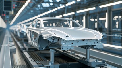 A robotic conveyor belt transporting car frames through various stages of assembly.
