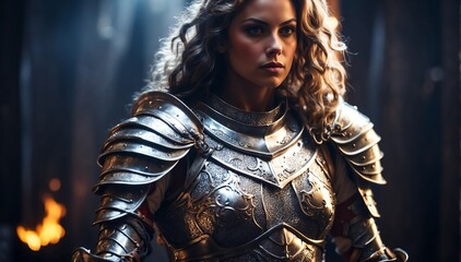 a female silver theme knight warrior on medieval era with glowing armor from Generative AI