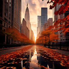 Urban Fall: Where cityscapes meet the cozy embrace of autumn, with fallen leaves gracing the...
