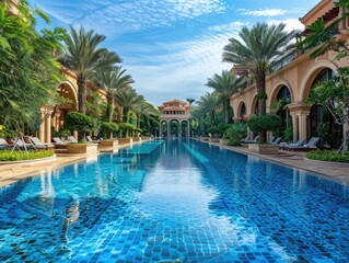 Fototapeta na wymiar beautiful luxury outdoor swimming pool in a hotel and resort! It's a serene oasis, surrounded by lush greenery and elegant architecture. Let's dive in and enjoy a refreshing swim while soaking up 