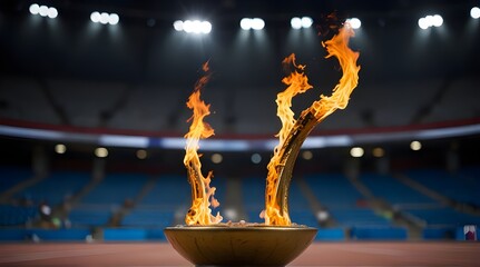 Flame burns in Olympic torch against blurred sports arena.generative.ai