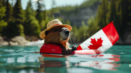 Beaver in a life jacket with a straw hat celebrating Canada Day with flag and festive gear.