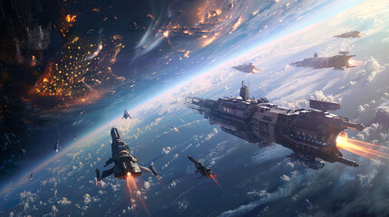 A stunning digital art scene of a spaceship fleet in orbit, with vibrant cosmic phenomena and interstellar travel vibes.