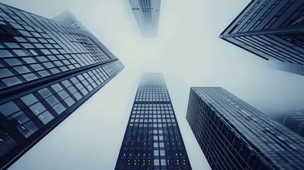 Looking up at tall skyscrapers in foggy weather, low angle view.