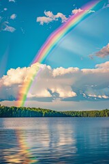 Peaceful Landscape: Majestic Rainbow Arching Across Blue Sky Over Calm Lake Waters
