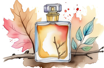 Autumn perfume, beautiful bottle, leaves and wood, aroma style, watercolor illustration, season fragrance