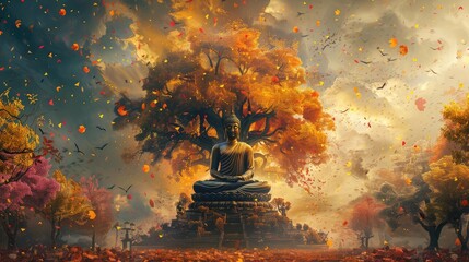 banner background Theravada New Year Day theme, and wide copy space, A symbolic illustration of the Bodhi tree, under which Lord Buddha attained enlightenment, with colorful decorations, 