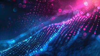 Abstract blue and pink glowing digital particles wave. Futuristic technology and science concept background