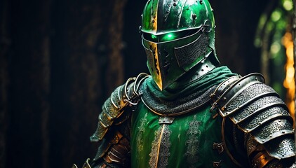 a green theme knight warrior on medieval era with glowing armor from Generative AI - obrazy, fototapety, plakaty