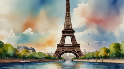 Paris Olympic Games 2024 Background Wallpaper Template Eiffel Tower Seine River.generative.ai - obrazy, fototapety, plakaty