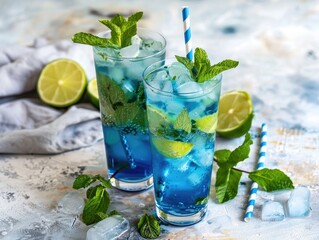 refreshing and vibrant twist on the classic Mojito cocktail, featuring the tropical flavor of Blue Curacao liqueur. Let's enjoy this colorful and invigorating drink,  - obrazy, fototapety, plakaty