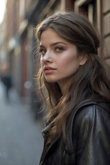 Obraz premium Young Woman Brown Hair and Eyes Black Leather Jacket Afternoon In City on Sidewalk