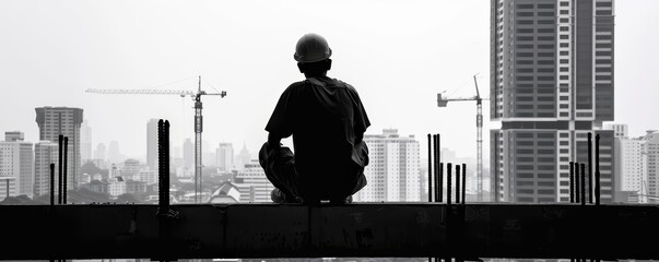 Construction engineer in silhouette overlooking cityscape with cranes. Urban development and construction concept.