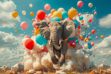 Elephant Surrounded by Balloons Against Blue Sky