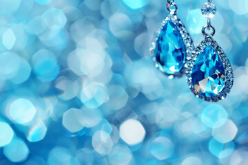 Jewelry, earrings on blue bokeh background.