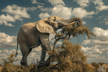 Fototapeta premium A surreal black and white image of an elephant appearing to cling onto a tree branch against a cloudy sky.