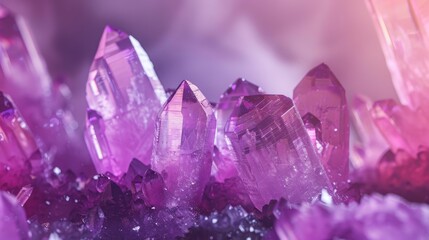 Softly lit, elegant presentation of crystal stone macro minerals in shades of purple and pink, designed for high-end jewelry advertising - obrazy, fototapety, plakaty