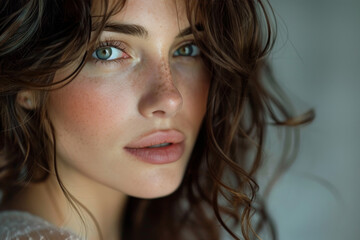 Intense Gaze of a Freckled Woman with Wavy Hair