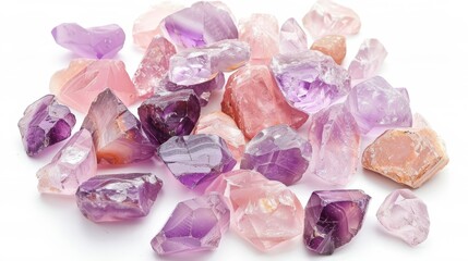 Pink and purple amethyst stones arranged in a clean, minimalist fashion, ideal for modern home decor or healing stone promotions