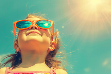 Portrait of a happy child wearing sunglasses looking at the sky with blue background and sunlight