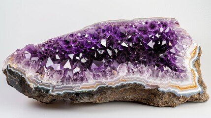 Fototapeta premium Macro shot of a tall amethyst geode, emphasizing the deep violet and clear crystal textures, set on an isolated background