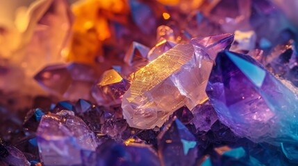 Macro shot of a cluster of geological crystals combining amethyst, quartz, and garnet, with each crystal's clarity and shine being the focal point - obrazy, fototapety, plakaty
