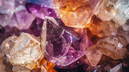 Macro shot of a cluster of geological crystals combining amethyst, quartz, and garnet, with each crystal's clarity and shine being the focal point
