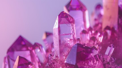 Macro shot of an amethyst quartz crystal cluster, featuring vibrant shades of purple and a minimalist design on a clean background - obrazy, fototapety, plakaty