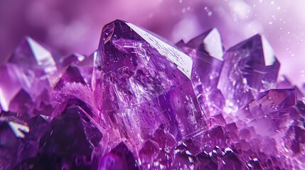 Macro close-up of an amethyst crystal, vivid purple hues, detailed geological textures, on a sleek isolated background