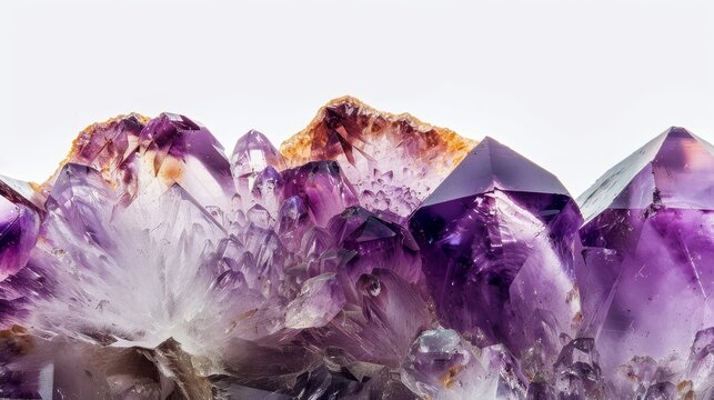 Macro mineral texture of an amethyst stone, highlighted features with artistic lighting on a pure white background