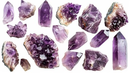 High-definition image of diverse amethyst quartz crystals, focusing on their raw, unpolished beauty on a seamless white background