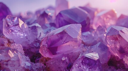 High-definition image of amethyst crystals in a minimalist setting, capturing the stone's raw beauty and geometric forms