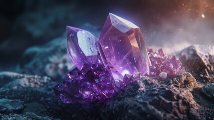 Obraz premium Ethereal view of a crystal stone macro mineral, amethyst, with light piercing through to reveal hidden hues and textures, positioned against a dark backdrop