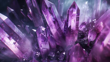 Geometric layout of amethyst quartz crystals, emphasizing sharp angles and smooth surfaces, pure and isolated background - obrazy, fototapety, plakaty
