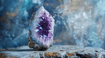 Dramatic image of a quartz crystal geode tower, emphasizing the striking contrast between the rough exterior and shiny amethyst interior - obrazy, fototapety, plakaty